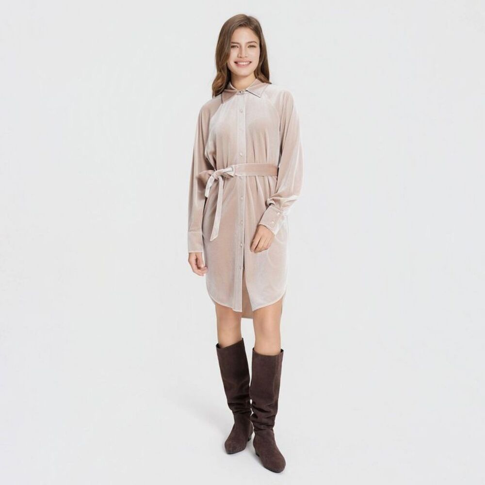 Women's Long Sleeve Velvet Midi Shirtdress - Universal Thread Champagne XXL